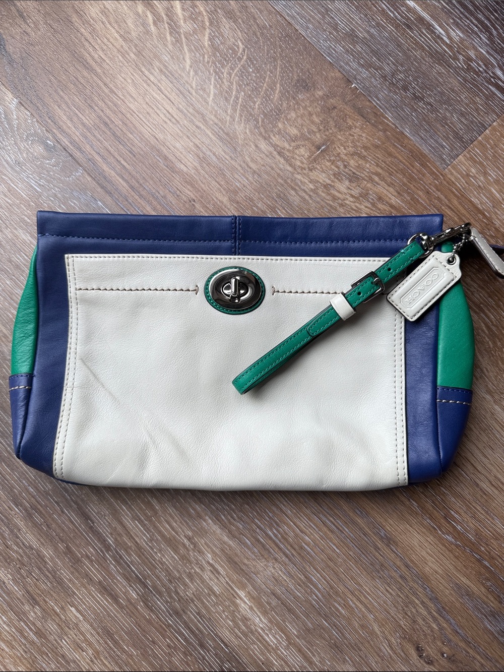 Coach Colorblock Leather Wristlet in White, Navy & Green